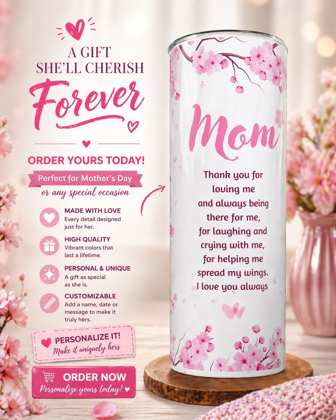 Mother's Day Personalized Tumbler I Custom Mom Gift Cup I Gift for Mom I Mother's Day Present