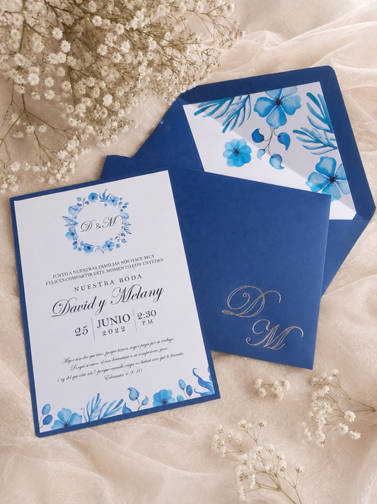 Royal Blue Floral Wedding Invitation I Classic Blue Wedding Invitation